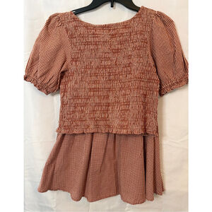 Japna Rust White Gingham Smocked Crop Blouse & Skirt Farm Rustic Milkmaid NWOT